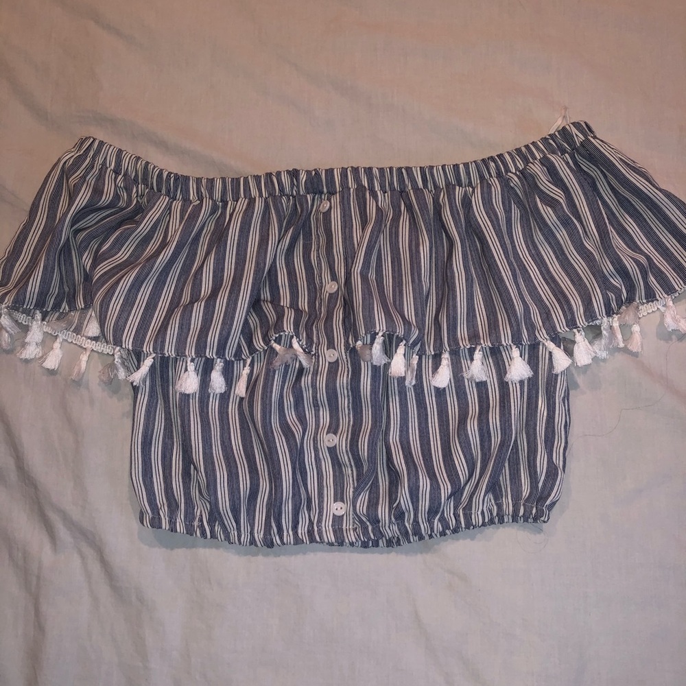 blue and white striped off the shoulder shirt!